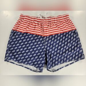 AFTCO Swim Trunks Mens Large Blue Red White USA Flag Print Bathing Suit Shorts